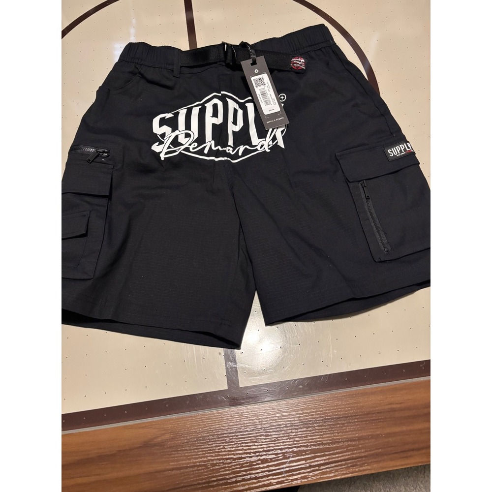 Supply & Demand Mens Brooklyn Cargo Shorts Black Ripstop Web Belt Medium